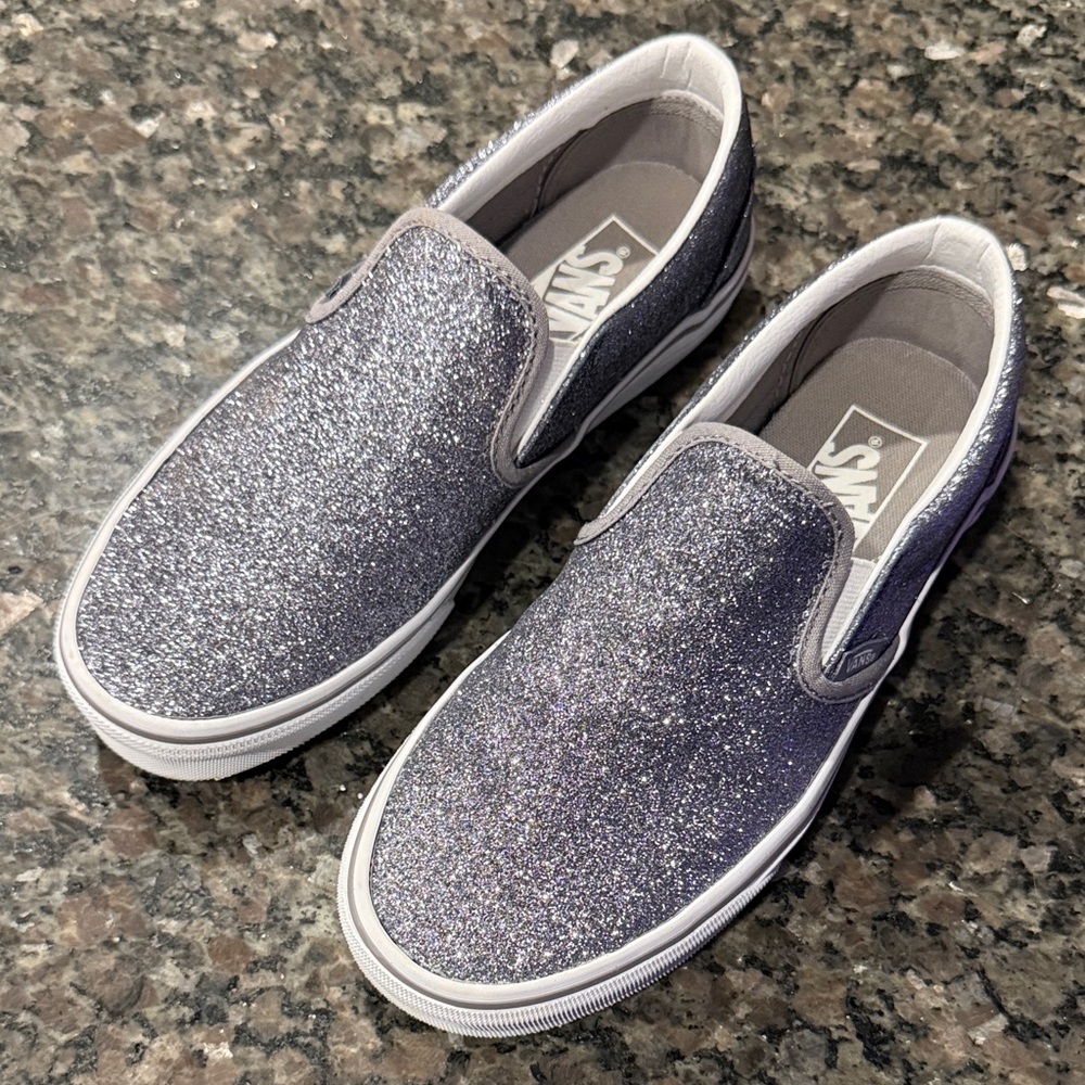 Vans Silver Glitter Classic Slip Ons